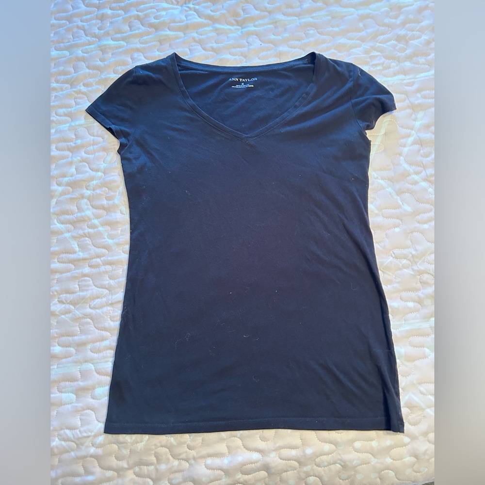 Ann Taylor Black Basic Short Cap Sleeve V-Neck Cotton Tee